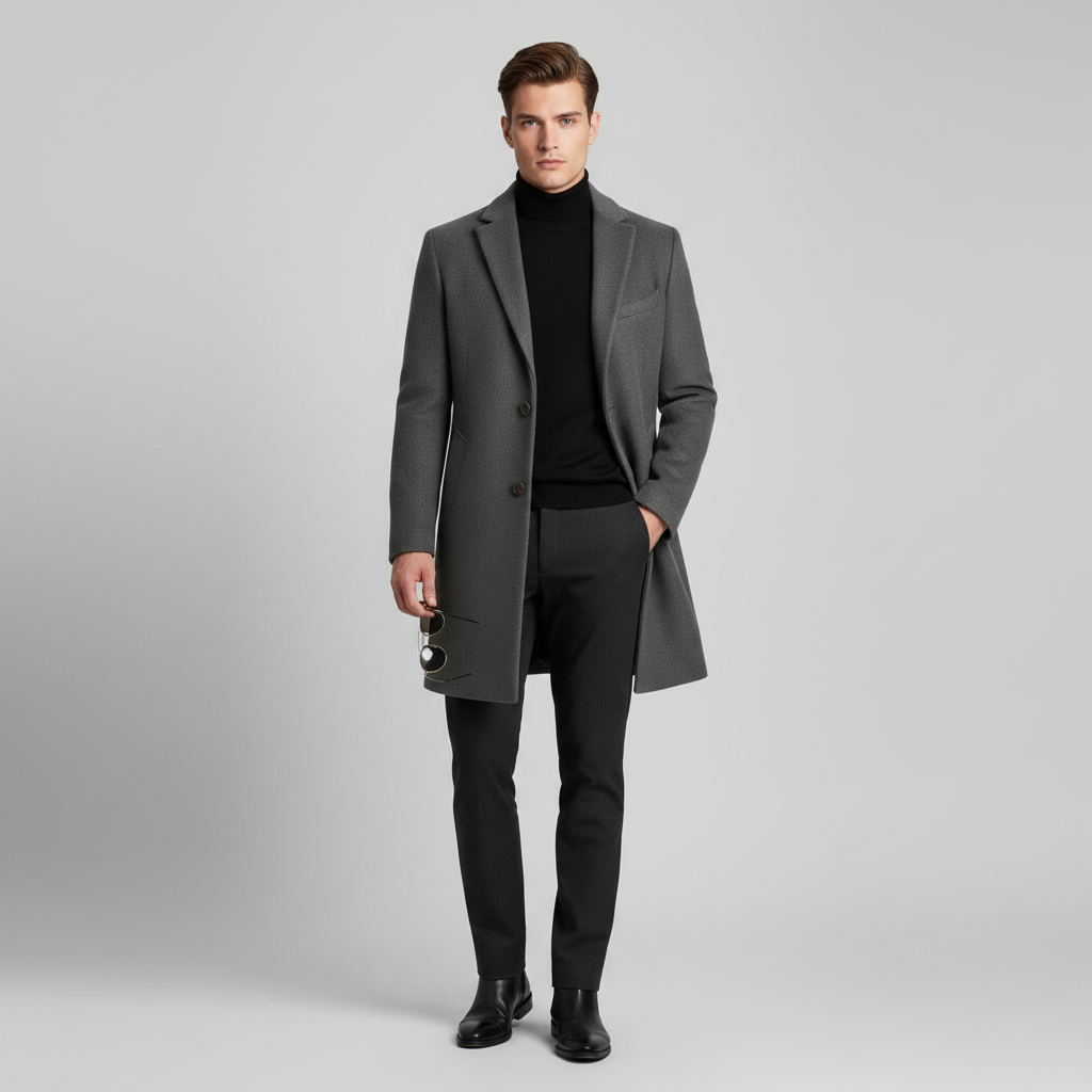 Men's Long Coat with Notched Lapel | Stylish Overcoat