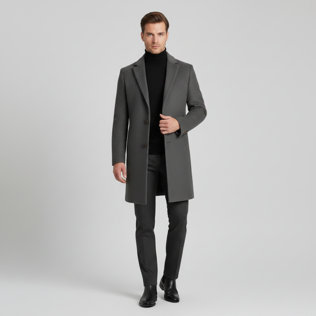 Men's Long Coat with Notched Lapel | Stylish Overcoat