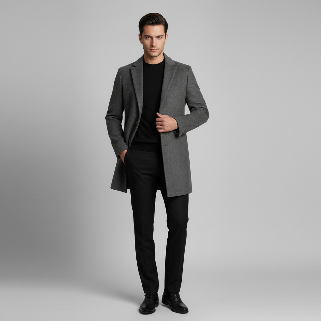 Men's Long Coat with Notched Lapel | Stylish Overcoat