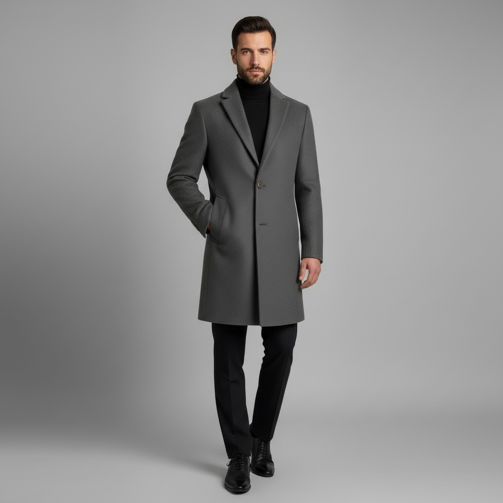 Men's Long Coat with Notched Lapel | Stylish Overcoat