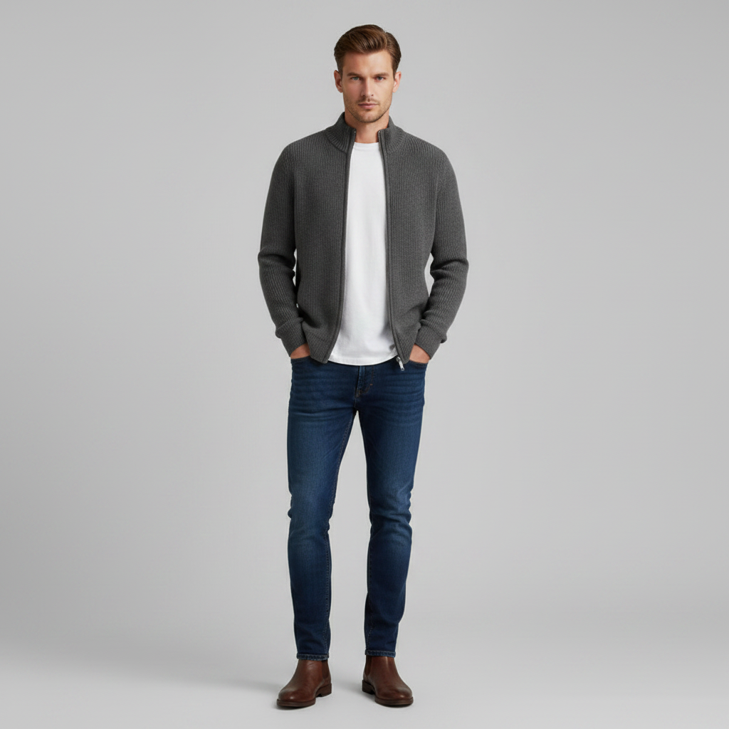 Men's Black Zip Up Cardigan | Slim Fit Ribbed Sweater