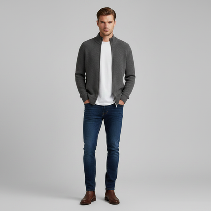Men's Black Zip Up Cardigan | Slim Fit Ribbed Sweater