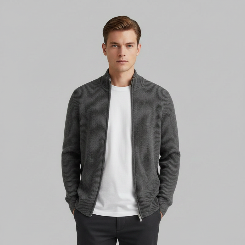 Men's Black Zip Up Cardigan | Slim Fit Ribbed Sweater