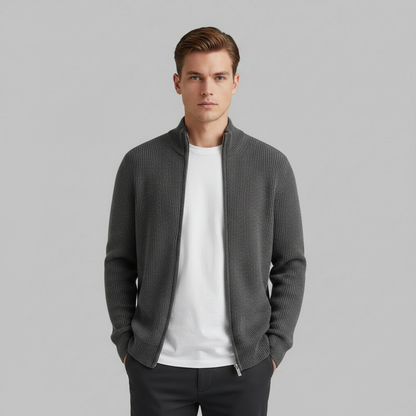 Men's Black Zip Up Cardigan | Slim Fit Ribbed Sweater