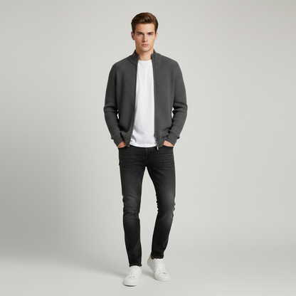 Men's Black Zip Up Cardigan | Slim Fit Ribbed Sweater