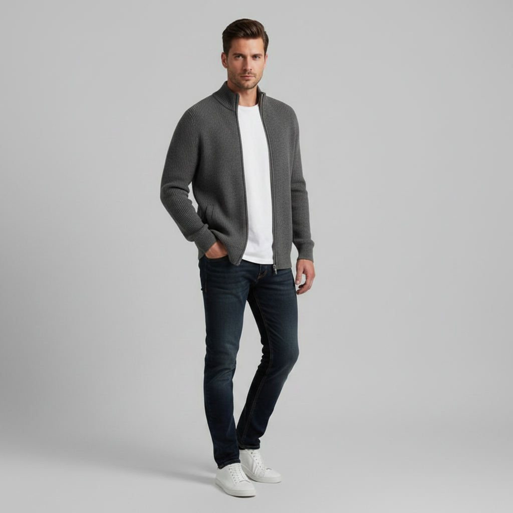 Men's Black Zip Up Cardigan | Slim Fit Ribbed Sweater