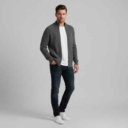 Men's Black Zip Up Cardigan | Slim Fit Ribbed Sweater