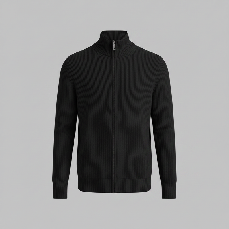 Men's Black Zip Up Cardigan | Slim Fit Ribbed Sweater
