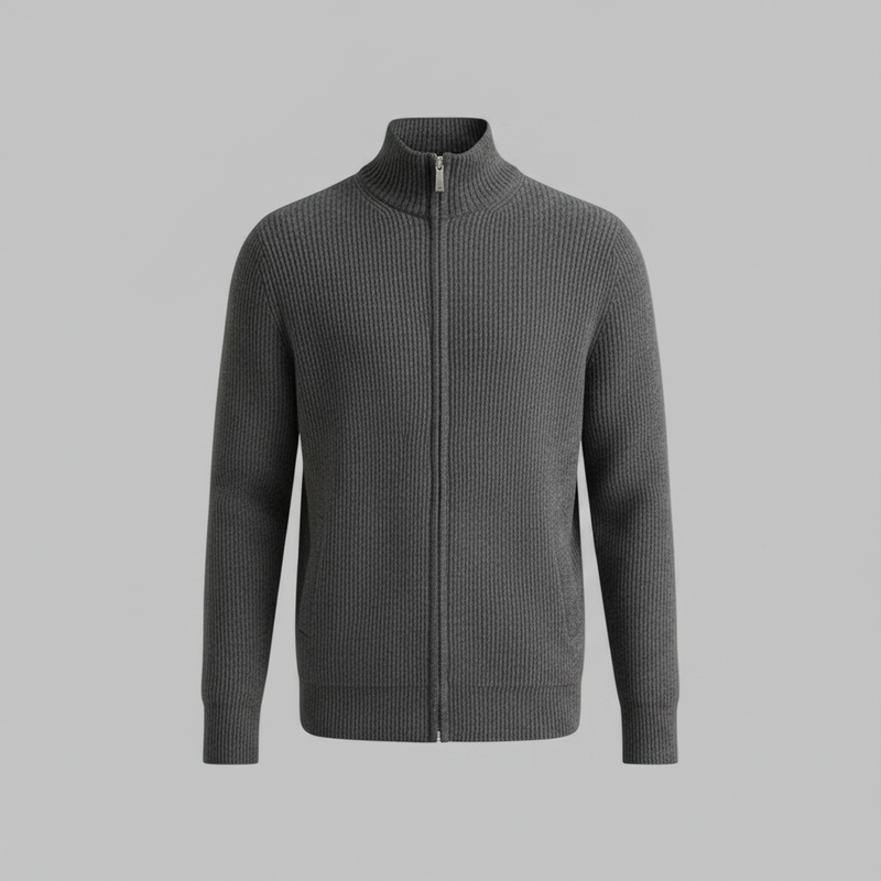 Men's Black Zip Up Cardigan | Slim Fit Ribbed Sweater