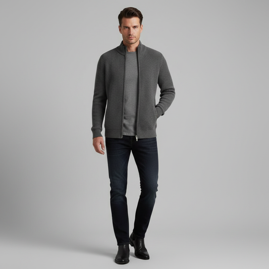 Men's Black Zip Up Cardigan | Slim Fit Ribbed Sweater